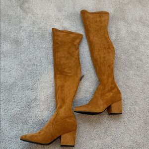 Goodnight Macaroon ‘Marlo’ Over-The-Knee Boots | Size 37 | Tan Suede Leather